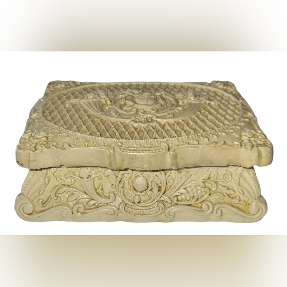 Vintage Carved Alabaster Floral Jewelry Box Trinket Box Cream Stone